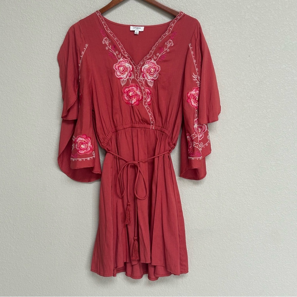 Umgee USA Rust Red Boho Floral Embroidered Bell Sleeve‎ Mini Dress Large Spring